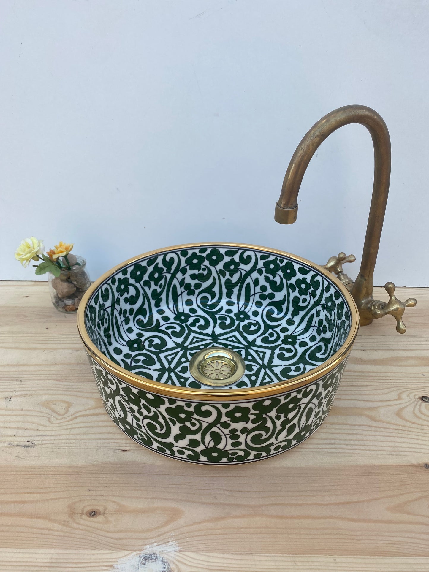 14k gold Green Bathroom vessel sink made from ceramic 100% handmade hand painted, ceramic sink decor built with mid century modern styling