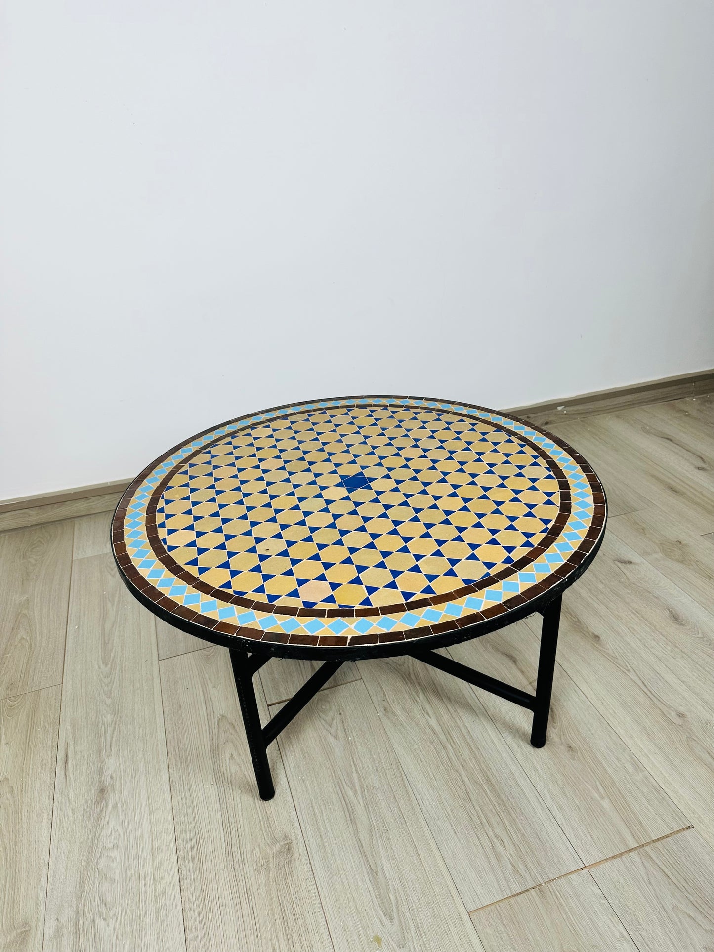 Raw Clay Handcrafted Moroccan Mosaic Table – Desert Gold & Azure Blue