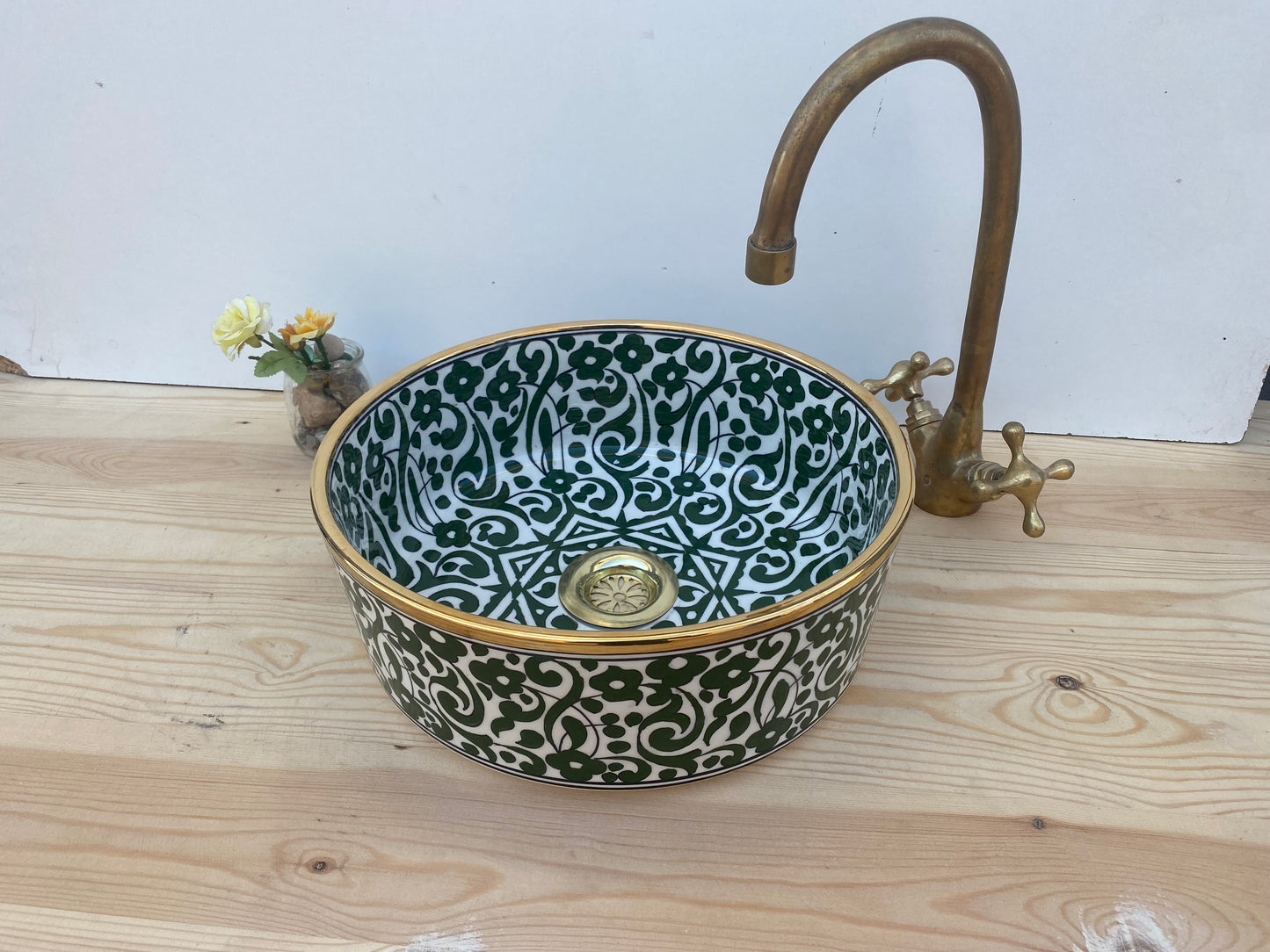14k gold Green Bathroom vessel sink made from ceramic 100% handmade hand painted, ceramic sink decor built with mid century modern styling