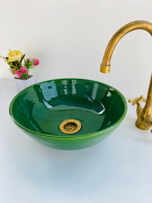 Lavabo vasque de salle de bain vert émeraude - céramique 100% fait main - vasque intestinale moderne de salle de bain verte - bassin Flair du milieu du siècle