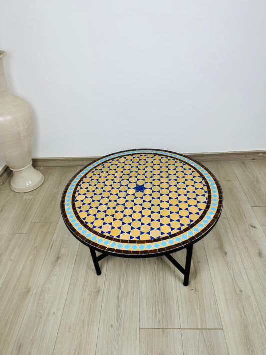 Raw Clay Handcrafted Moroccan Mosaic Table – Desert Gold & Azure Blue