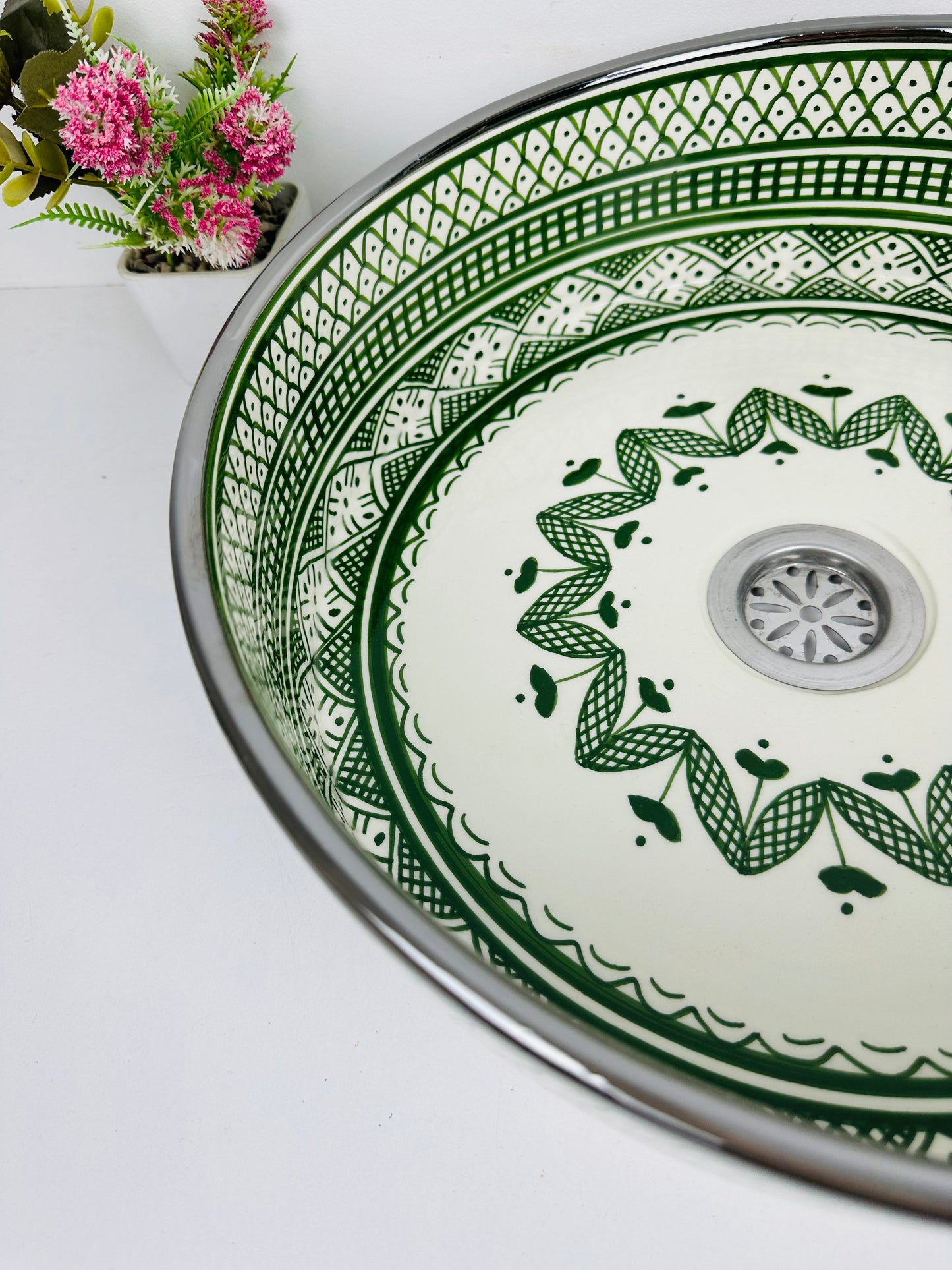 Woodland Elegance: Handcrafted Ceramic Sink with Traditional Forest Green Color and silver platinum
