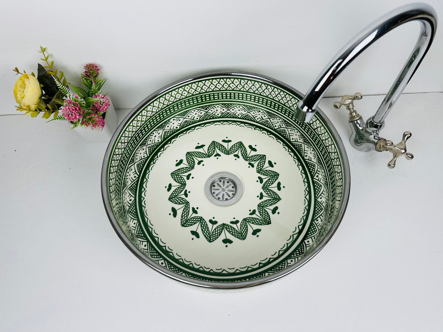 Woodland Elegance: Handcrafted Ceramic Sink with Traditional Forest Green Color and silver platinum