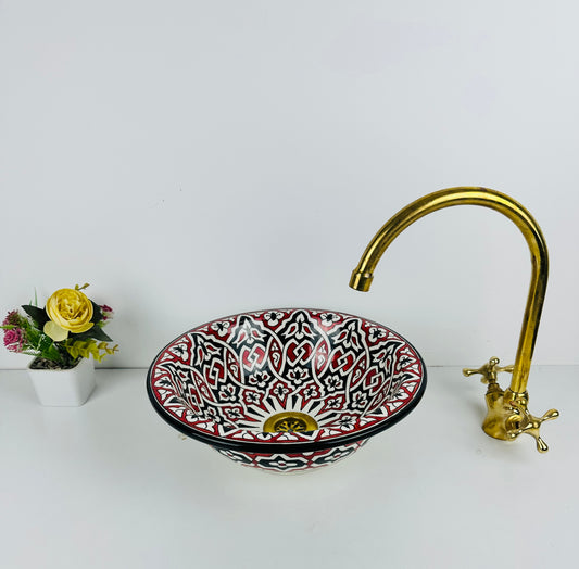 Timeless Contrast: Handcrafted Ceramic Sink with Classic Black and Red Accents