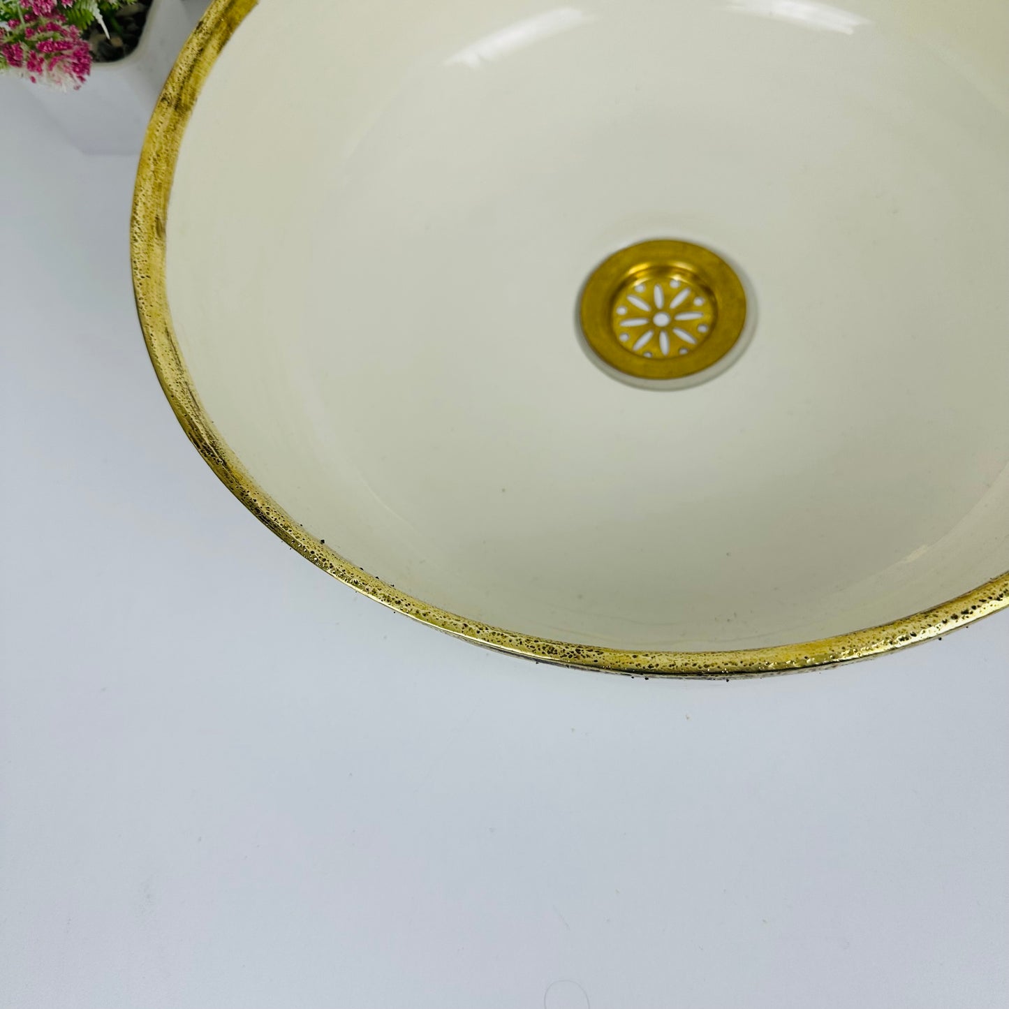 Timeless Elegance: Handcrafted Beige Ceramic Sink with Brass Accents