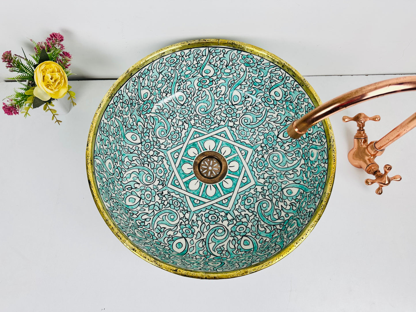 Turquoise Tranquility: Handcrafted Ceramic Sink with Brass