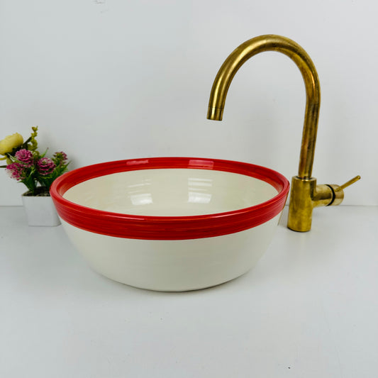 Round Elegance: Handcrafted Ceramic Sink with Red Top Finish