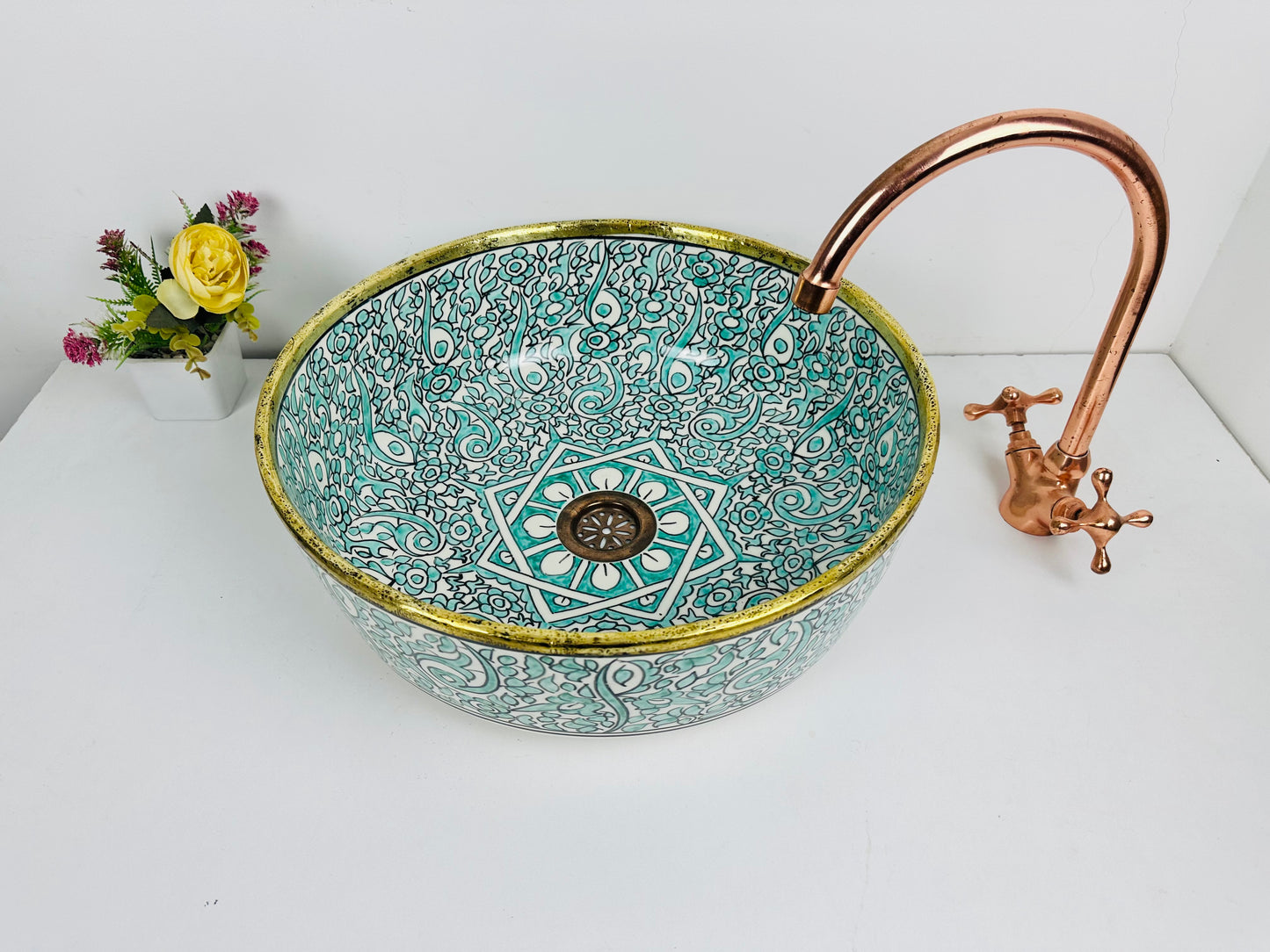 Turquoise Tranquility: Handcrafted Ceramic Sink with Brass