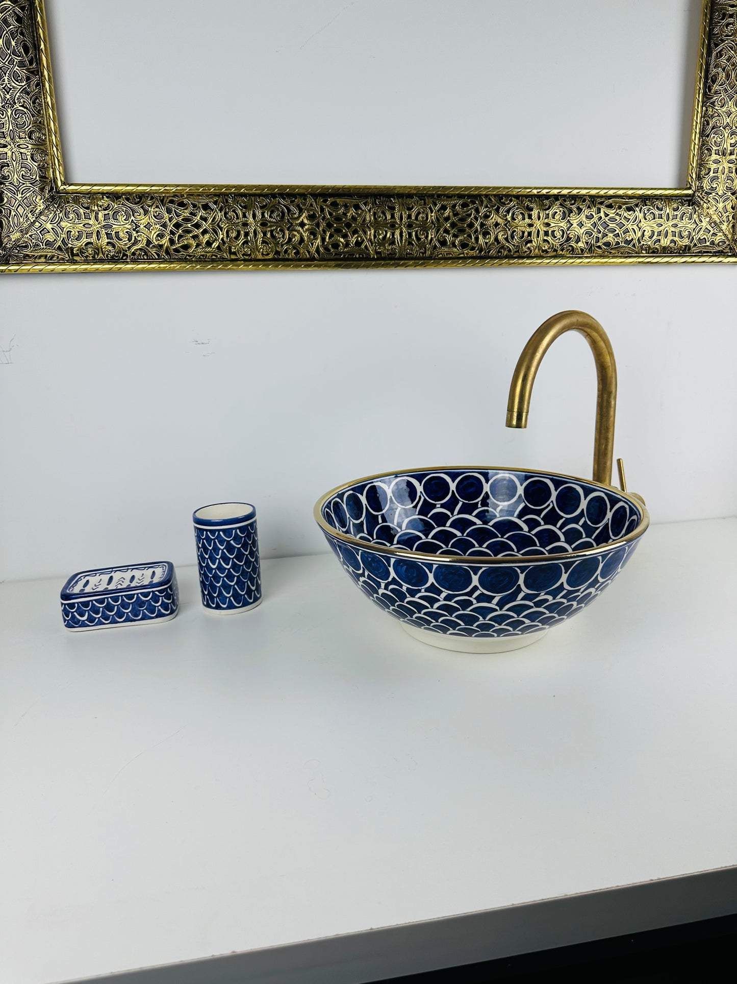 Handcrafted Blue Ceramic Sink with Gold Accents