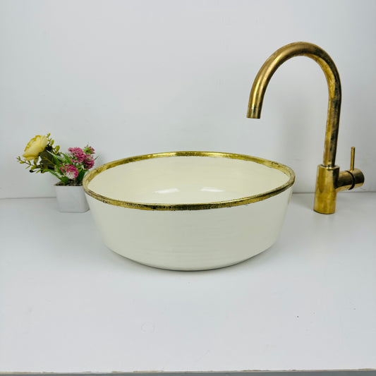 Timeless Elegance: Handcrafted Beige Ceramic Sink with Brass Accents