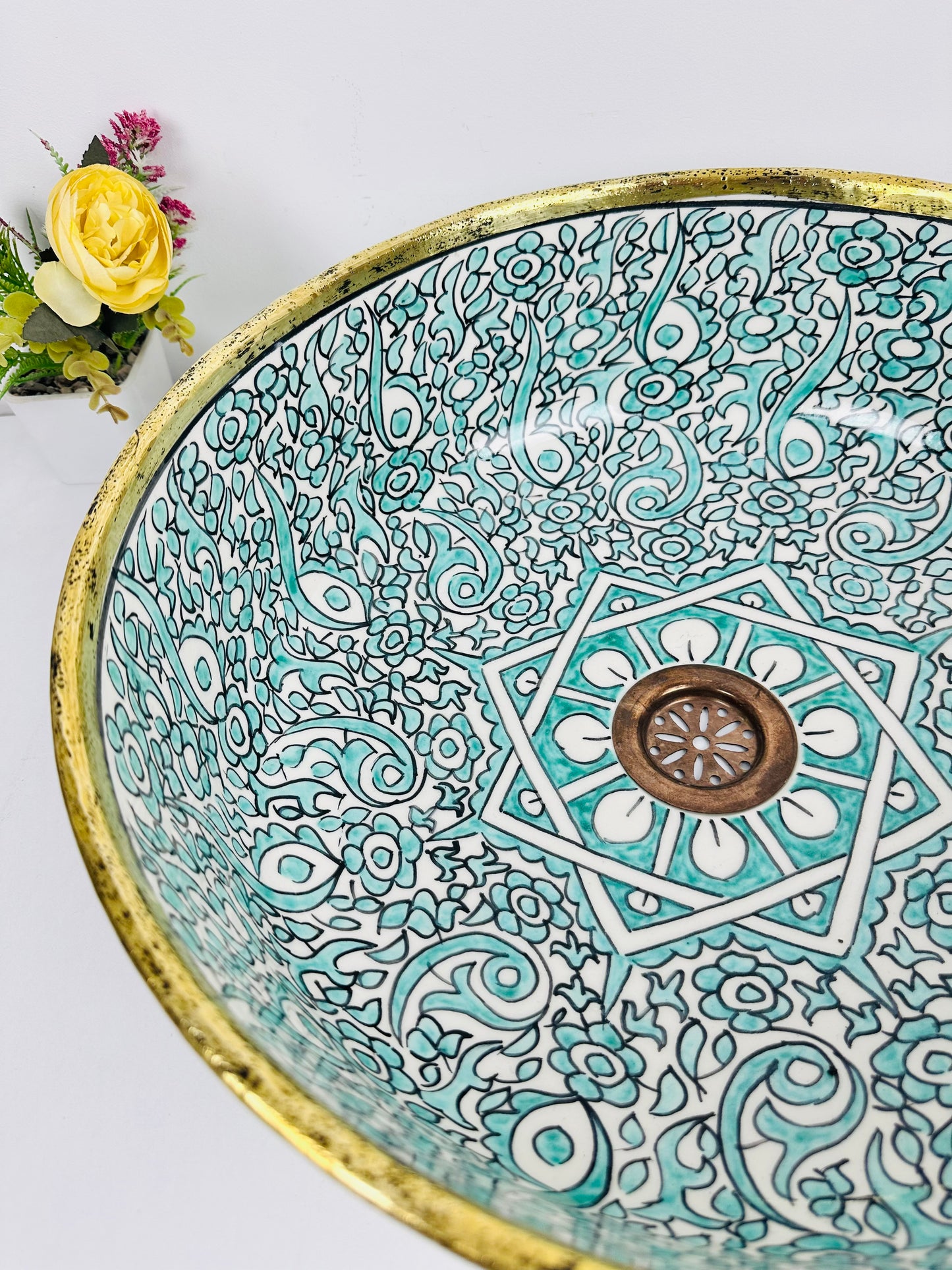 Turquoise Tranquility: Handcrafted Ceramic Sink with Brass