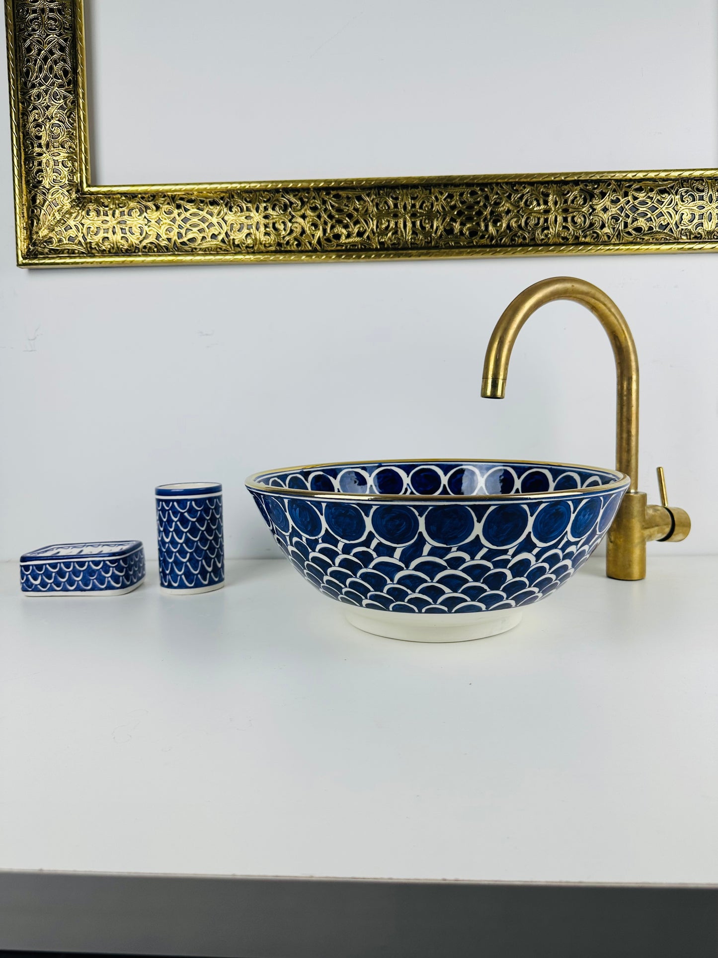 Handcrafted Blue Ceramic Sink with Gold Accents