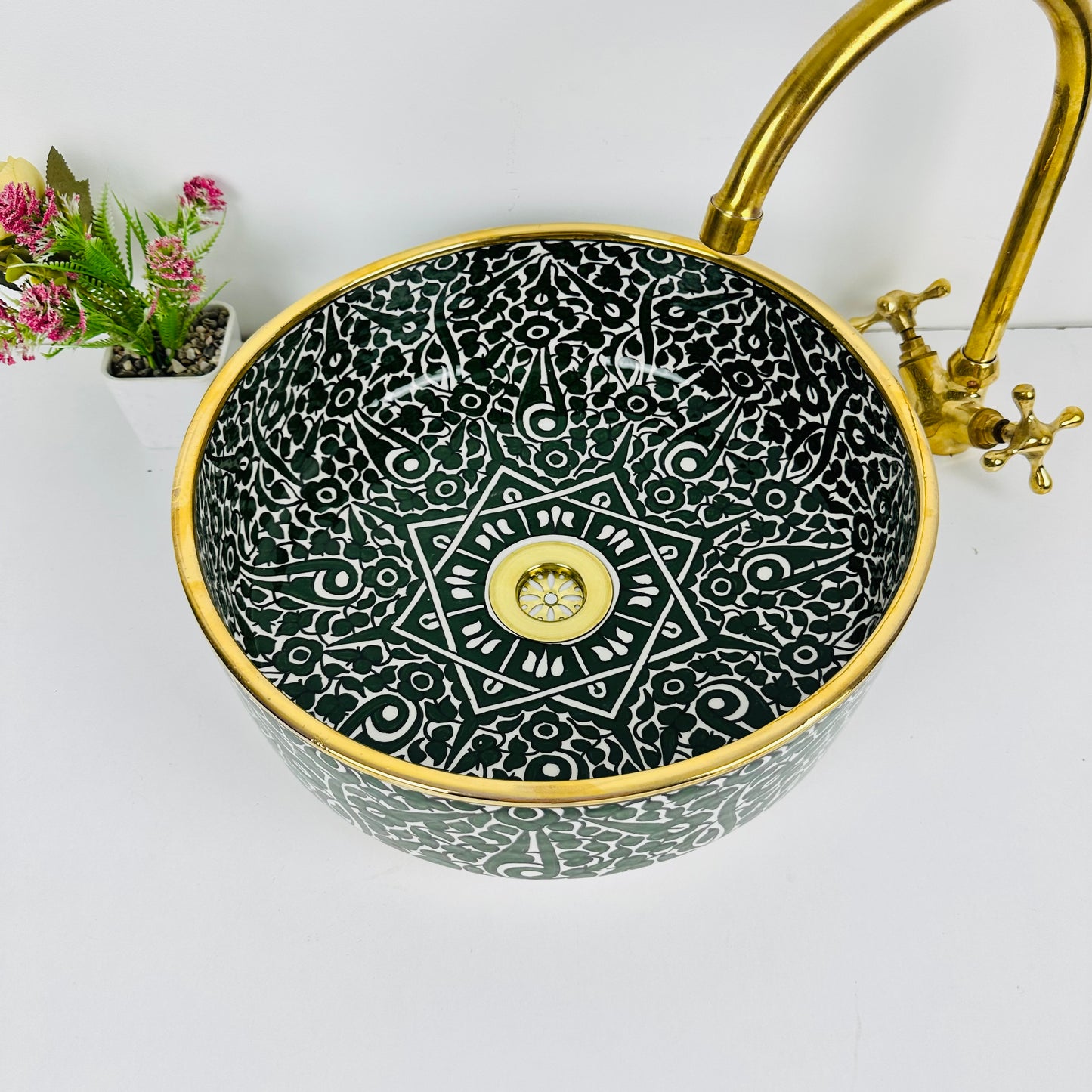 14K gold and Verdant Charm: Handcrafted Ceramic Sink in Rich Green Ton