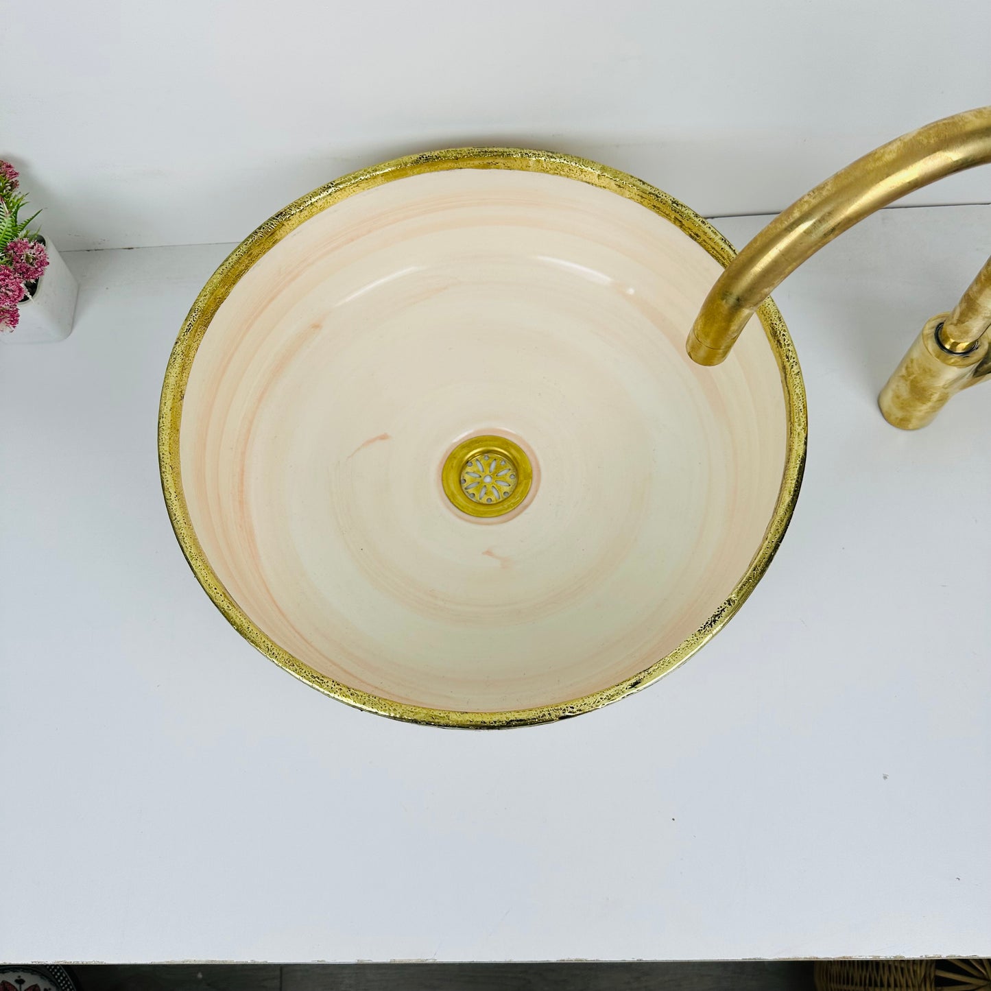 Timeless Elegance: Handcrafted Light Orange Ceramic Sink with Brass Accents