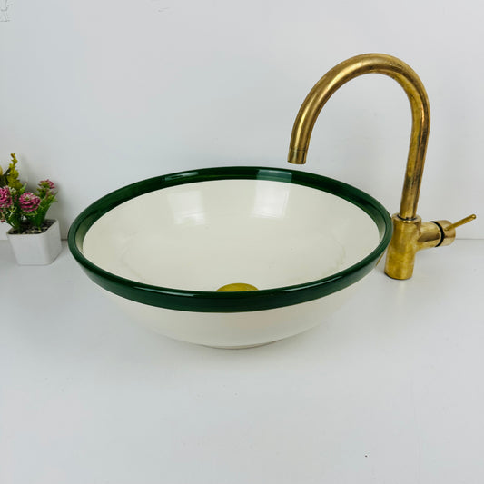 Round Elegance: Handcrafted Ceramic Sink with Green Top Finish