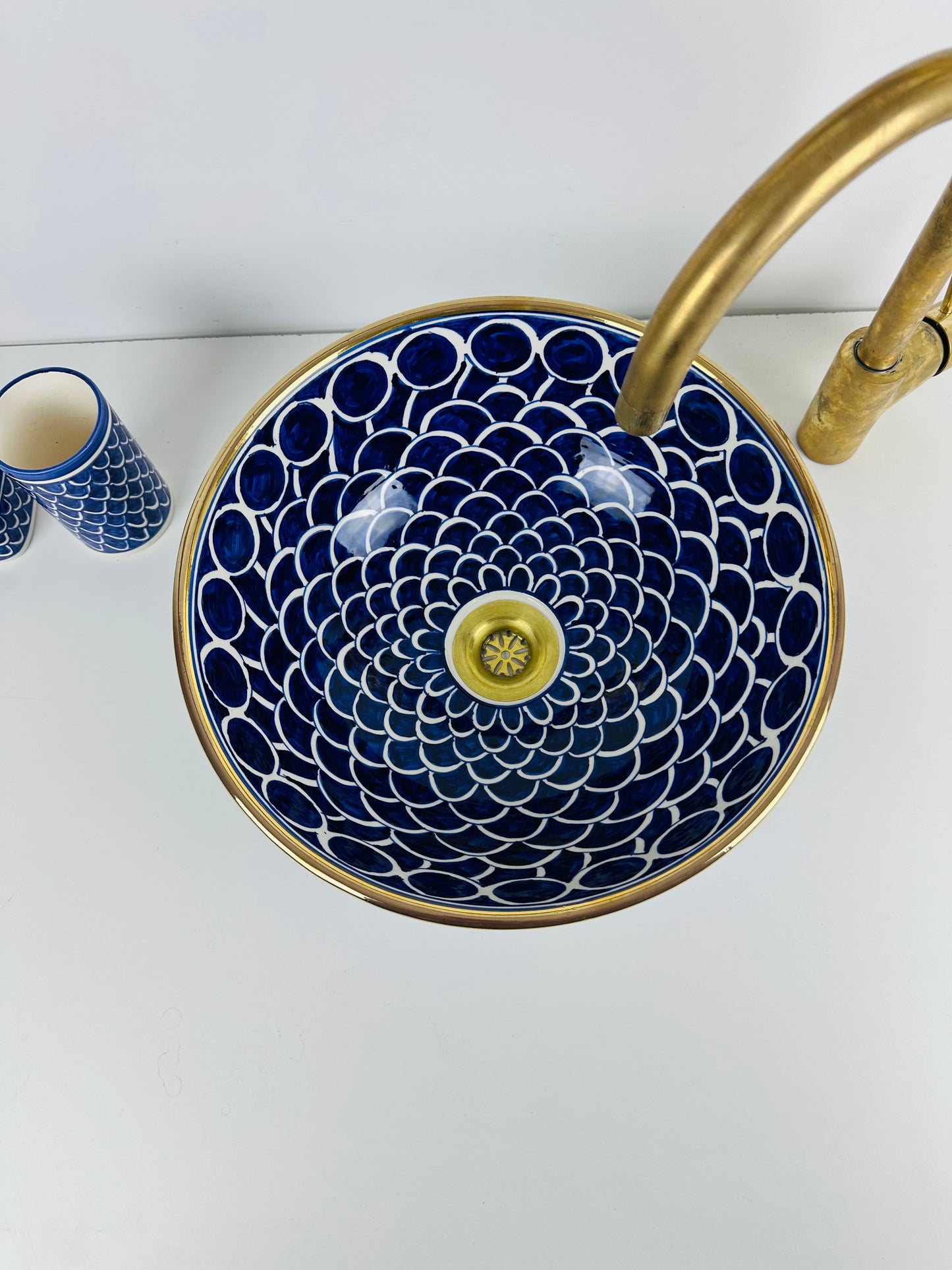 Handcrafted Blue Ceramic Sink with Gold Accents