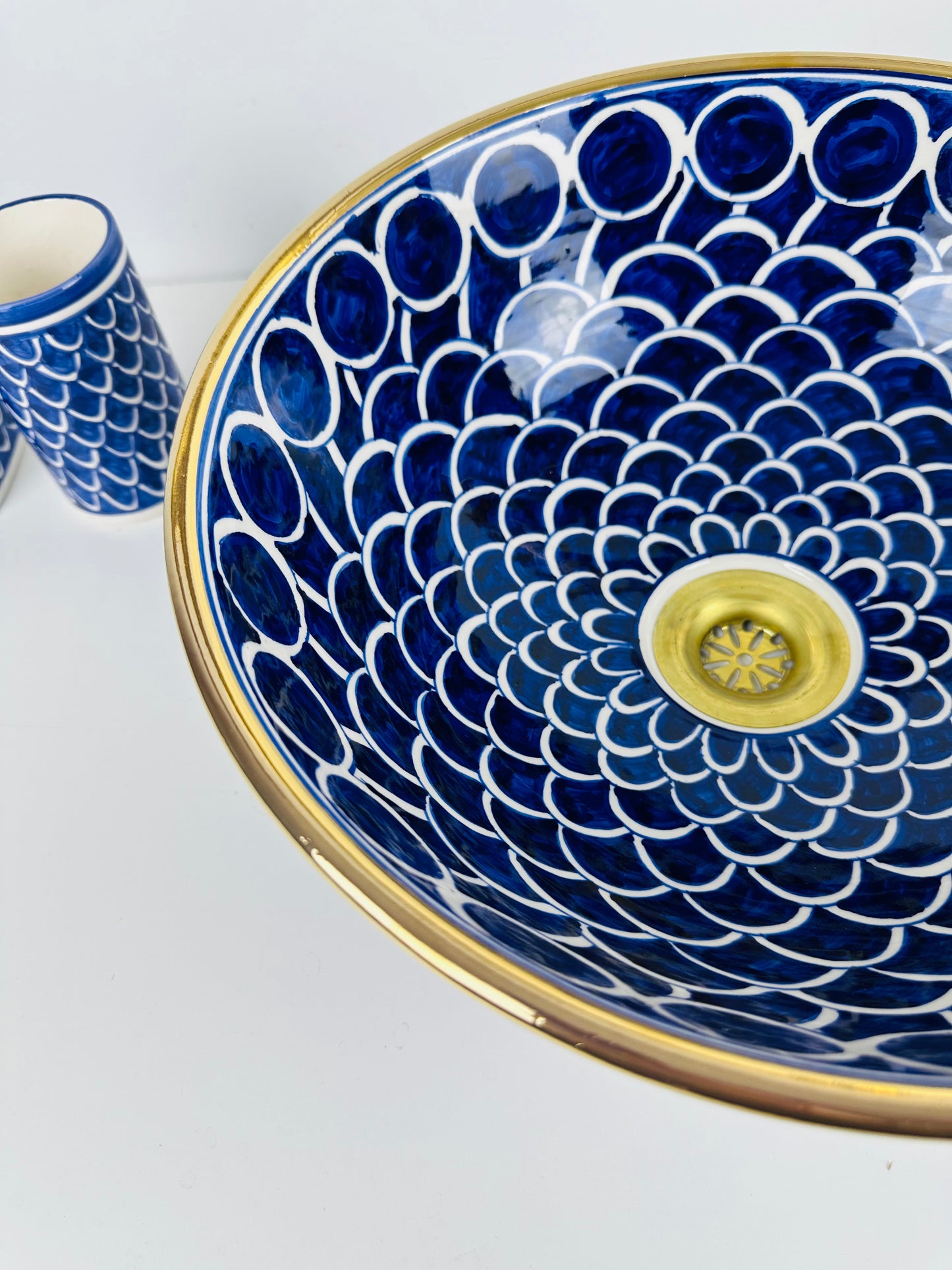 Handcrafted Blue Ceramic Sink with Gold Accents