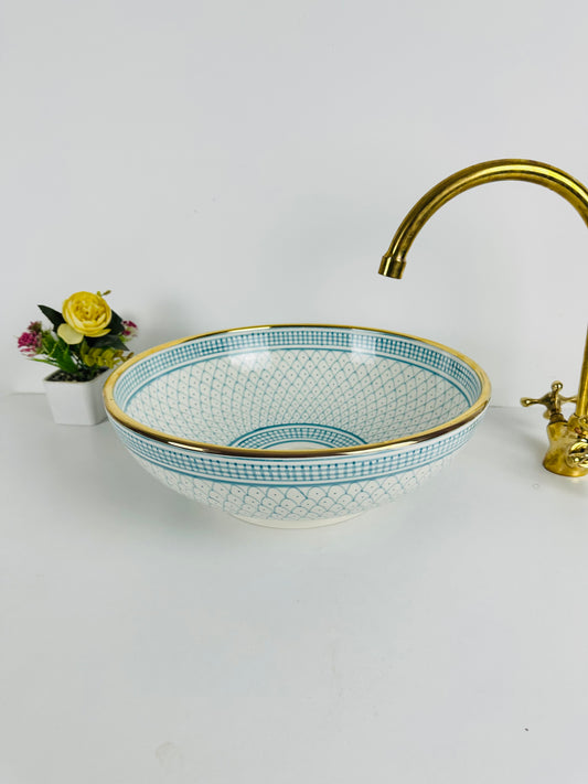 14K gold Sky Symphony: Hand-Painted Ceramic Sink in Sky Blue