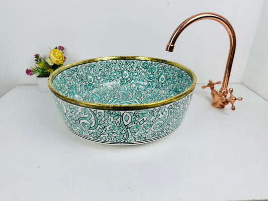 Turquoise Tranquility: Handcrafted Ceramic Sink with Brass