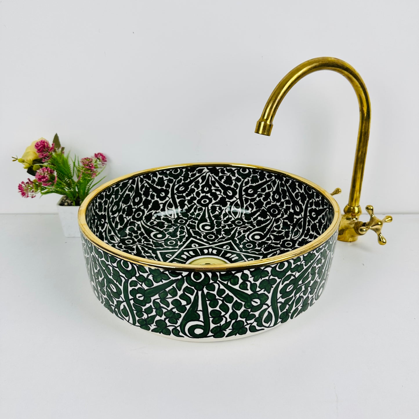 14K gold and Verdant Charm: Handcrafted Ceramic Sink in Rich Green Ton