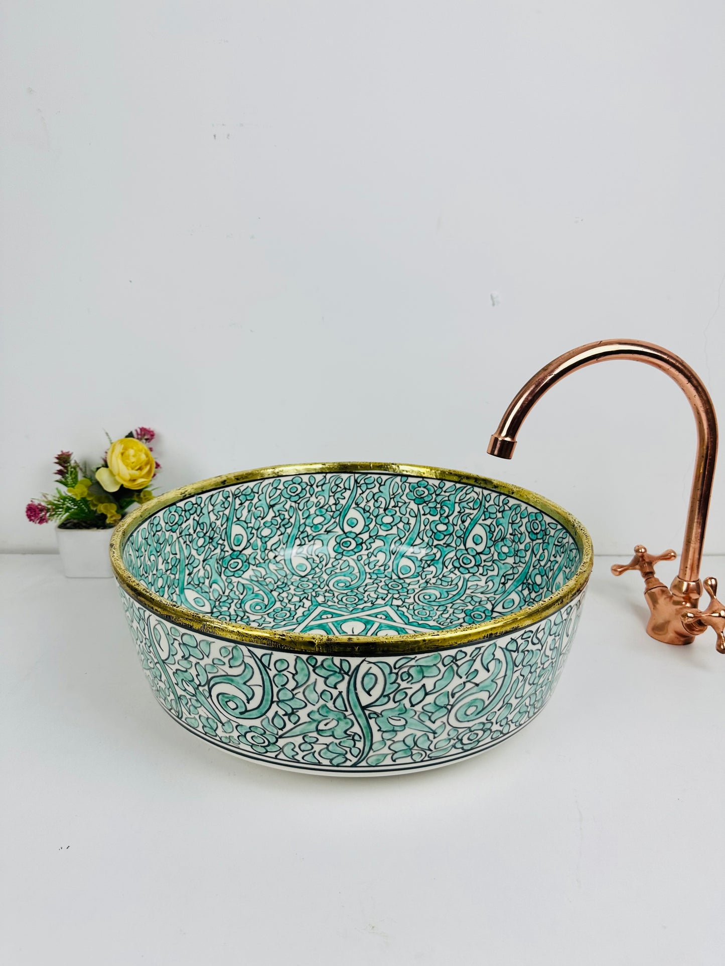 Turquoise Tranquility: Handcrafted Ceramic Sink with Brass