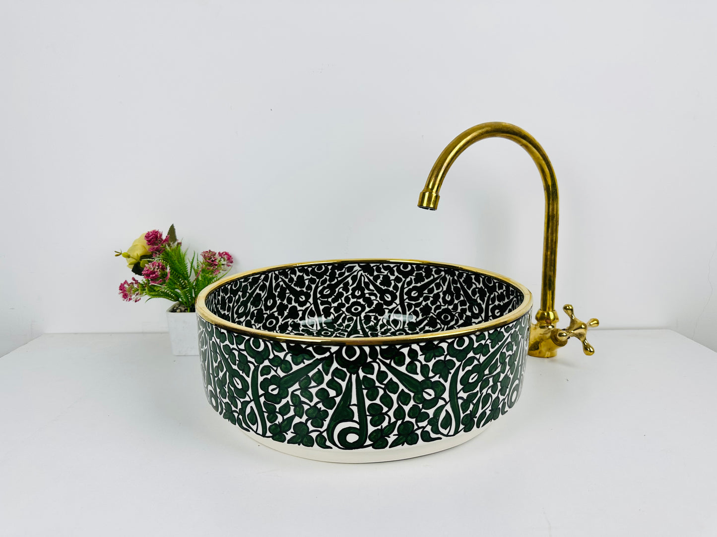 14K gold and Verdant Charm: Handcrafted Ceramic Sink in Rich Green Ton