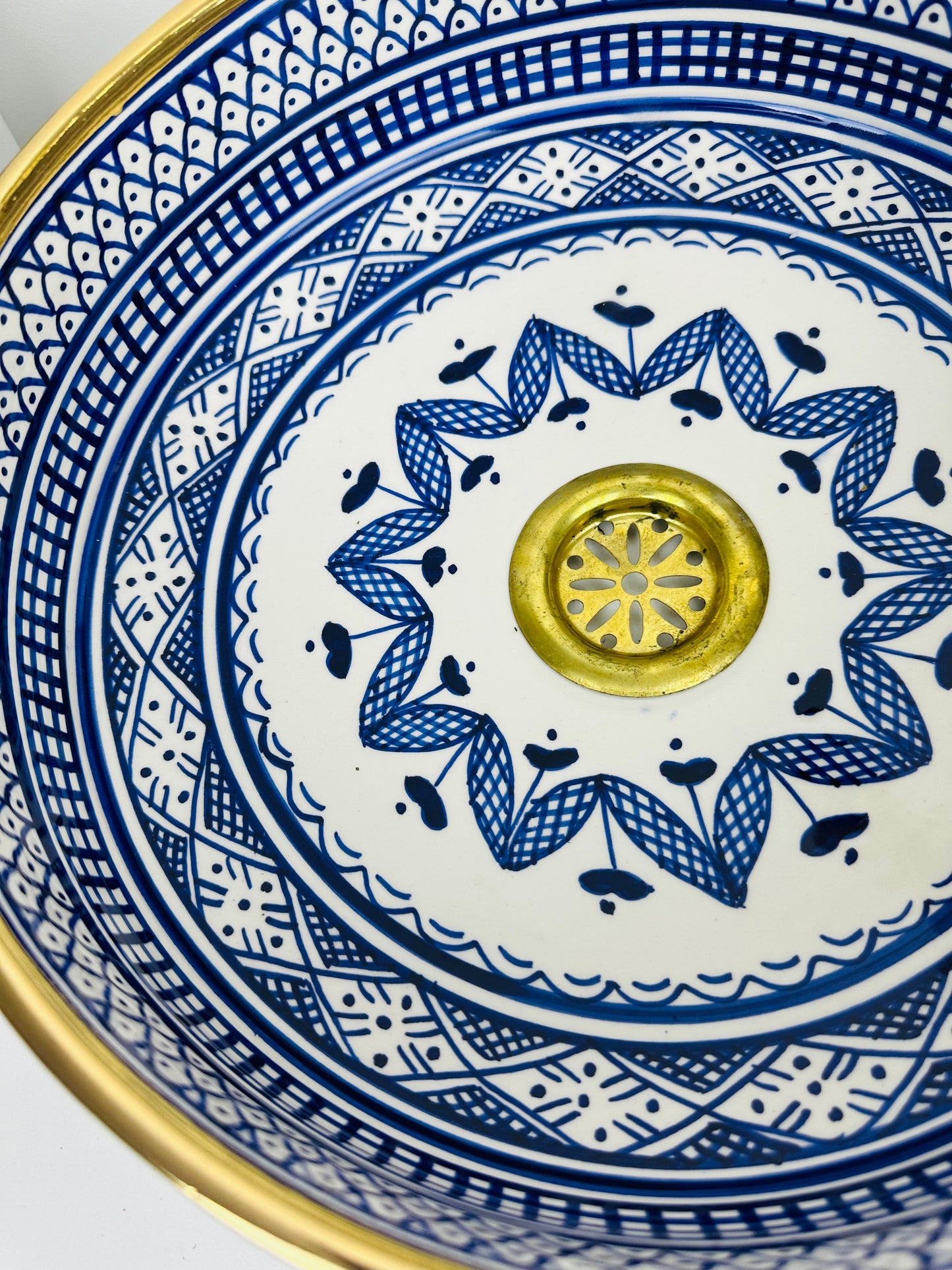 Royal Navy 14K gold : Handcrafted Ceramic Sink with Traditional Hand-Painted Navy Blue Design