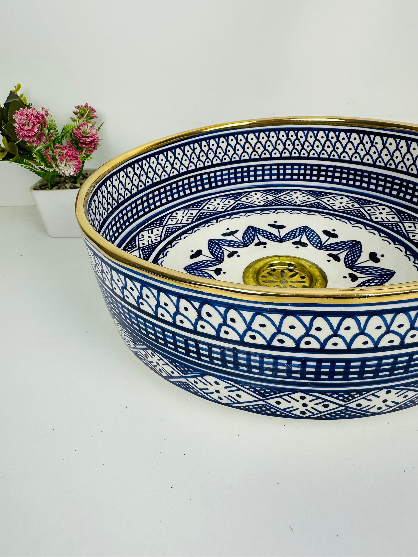 Royal Navy 14K gold : Handcrafted Ceramic Sink with Traditional Hand-Painted Navy Blue Design