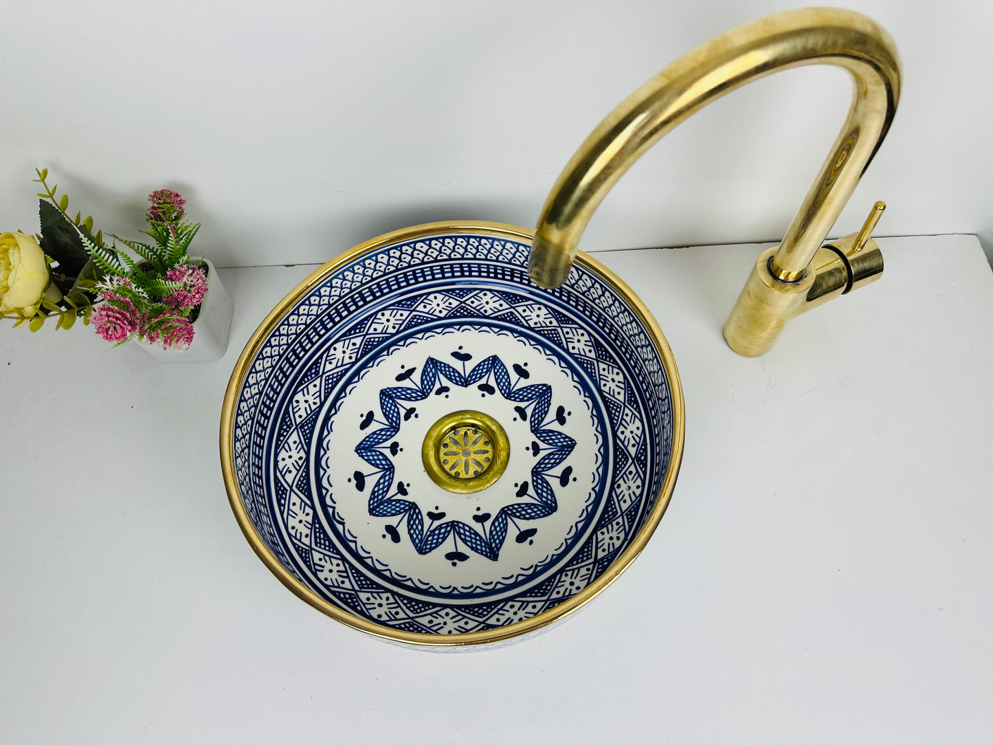 Royal Navy 14K gold : Handcrafted Ceramic Sink with Traditional Hand-Painted Navy Blue Design