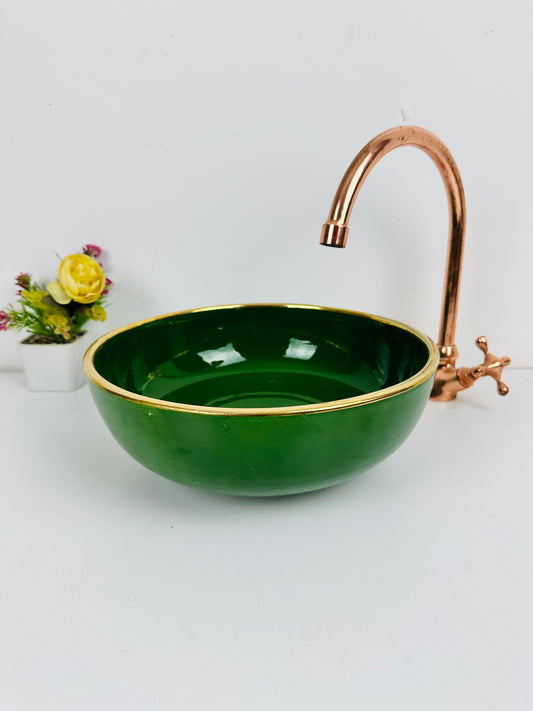 Emerald Majesty: Handcrafted Ceramic Sink with 14k Gold Accents