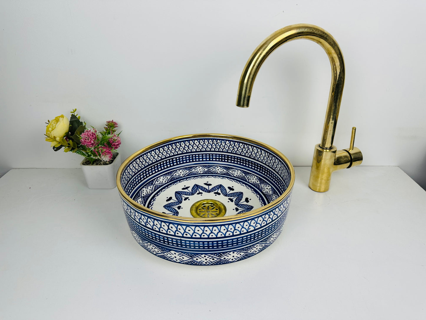 Royal Navy 14K gold : Handcrafted Ceramic Sink with Traditional Hand-Painted Navy Blue Design