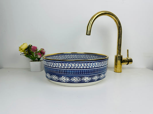 Royal Navy 14K gold : Handcrafted Ceramic Sink with Traditional Hand-Painted Navy Blue Design