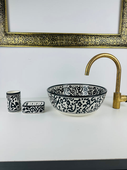 Midnight Garden: Handcrafted Ceramic Sink with Black Floral Motifs