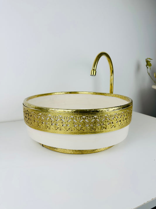 Ivory Opulence: Handcrafted Ceramic Sink in Ivory Color with golden Brass Accents