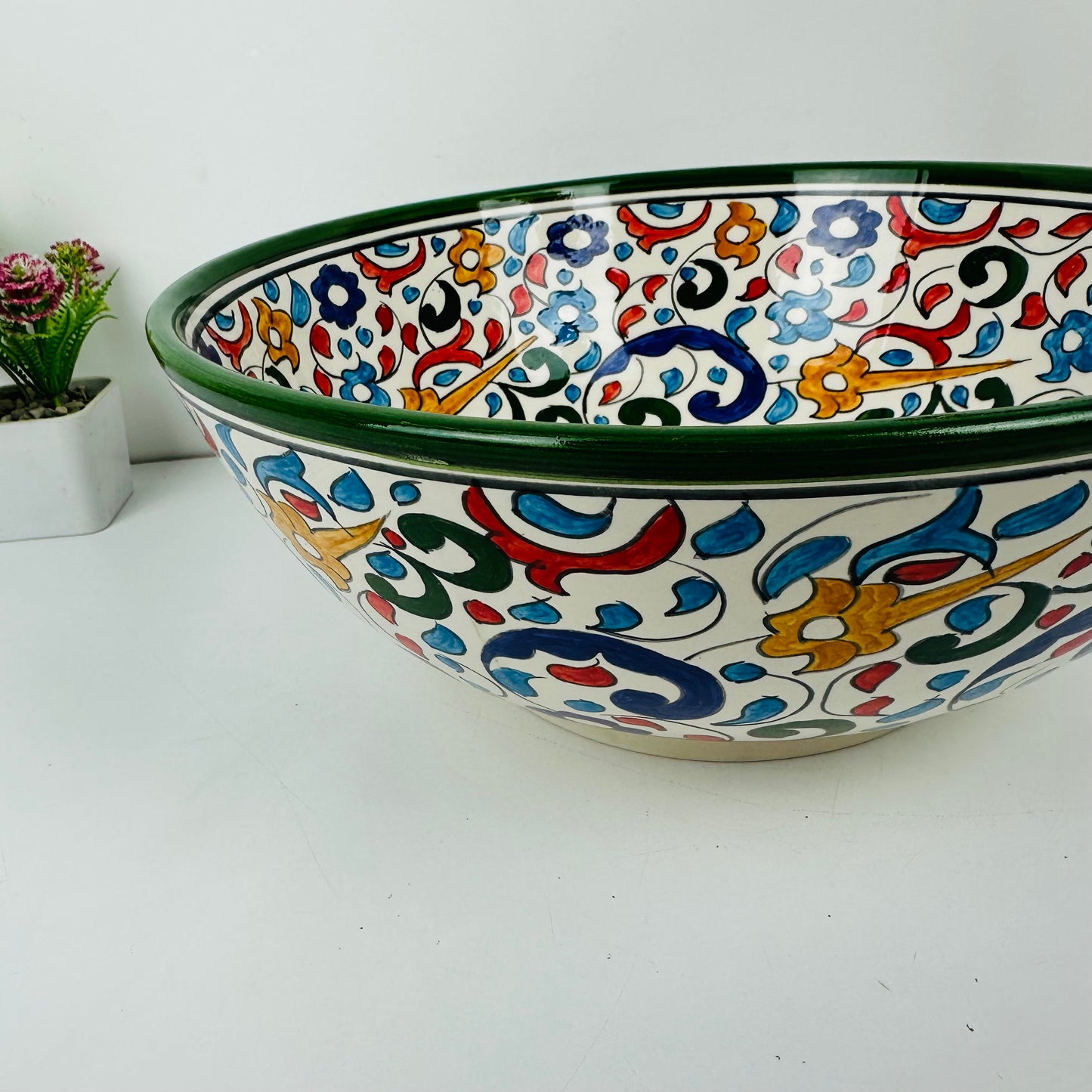 Enchanted Garden: Handcrafted Ceramic Sink with Flower Motifs and Green Finish