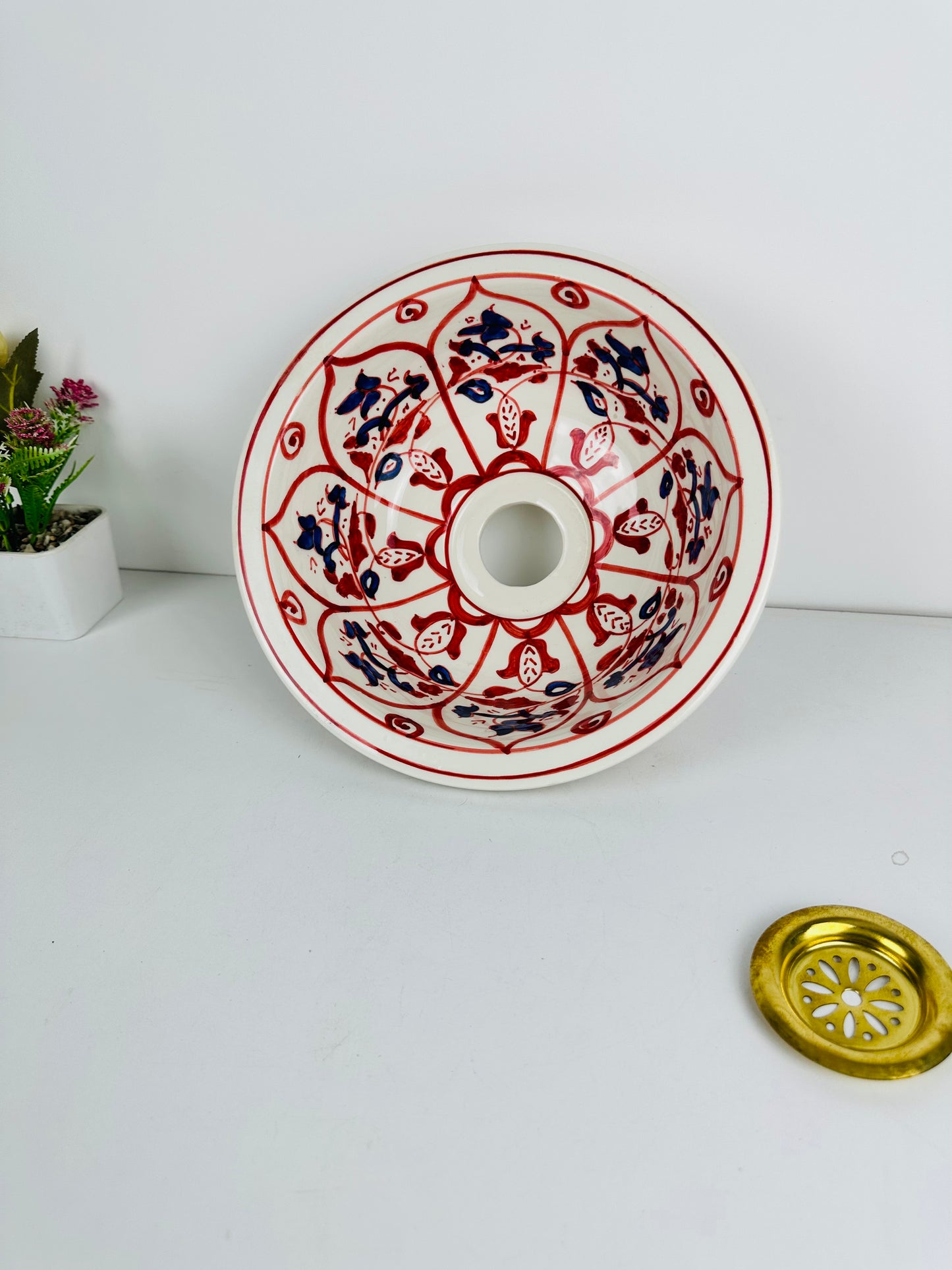 Crimson Blossoms: Handcrafted Ceramic Sink with Red and Blue Accents