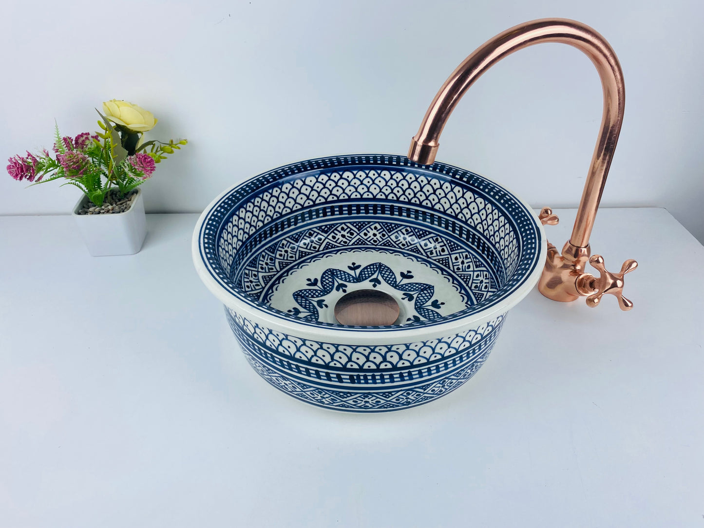 Bathroom vessel sink White and Blue 100% handmade hand painted - ceramic sink decor built with mid century modern Flair