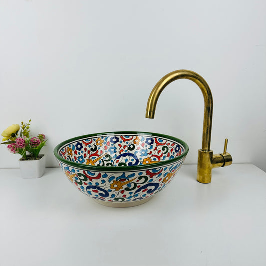 Enchanted Garden: Handcrafted Ceramic Sink with Flower Motifs and Green Finish