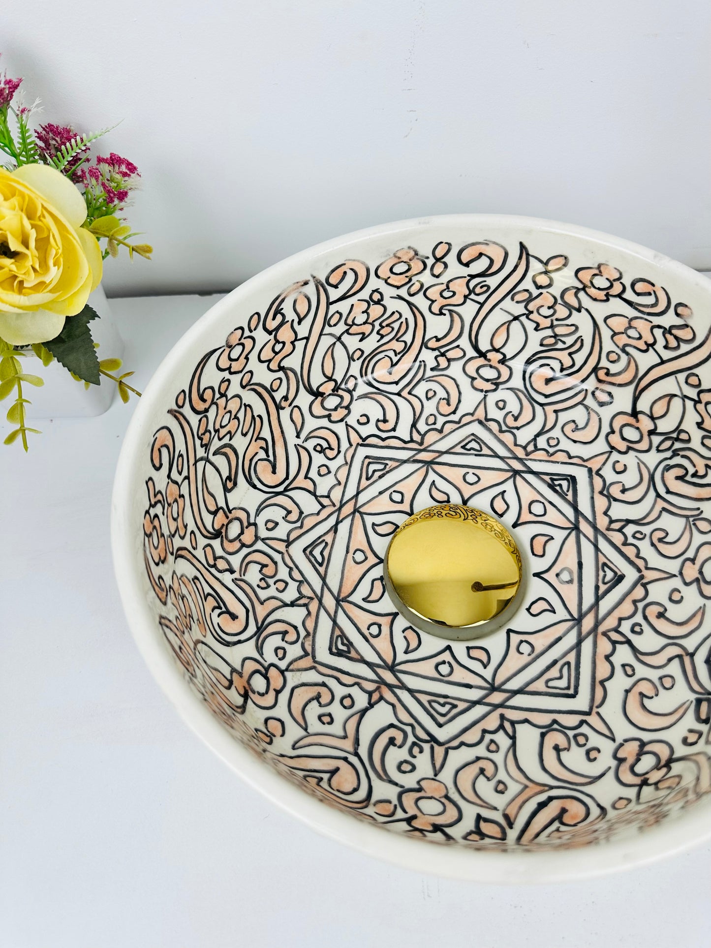 wilight Oasis: Handcrafted Ceramic Sink with Black Garden Exterior and Light Orange Interior