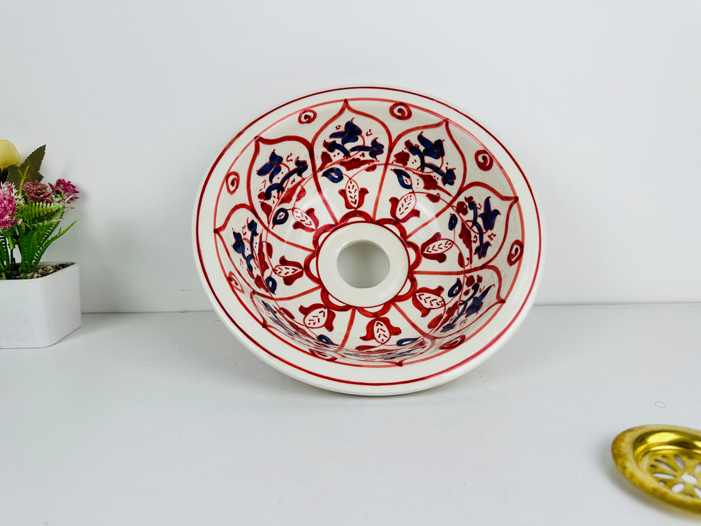 Crimson Blossoms: Handcrafted Ceramic Sink with Red and Blue Accents