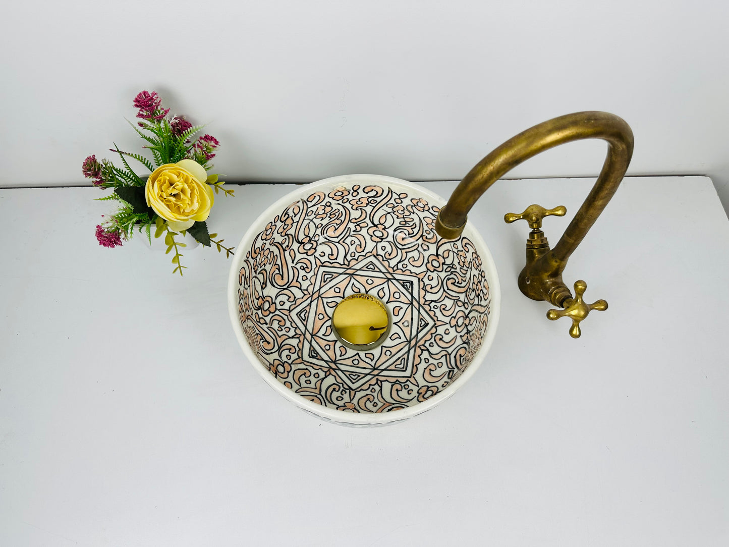 wilight Oasis: Handcrafted Ceramic Sink with Black Garden Exterior and Light Orange Interior