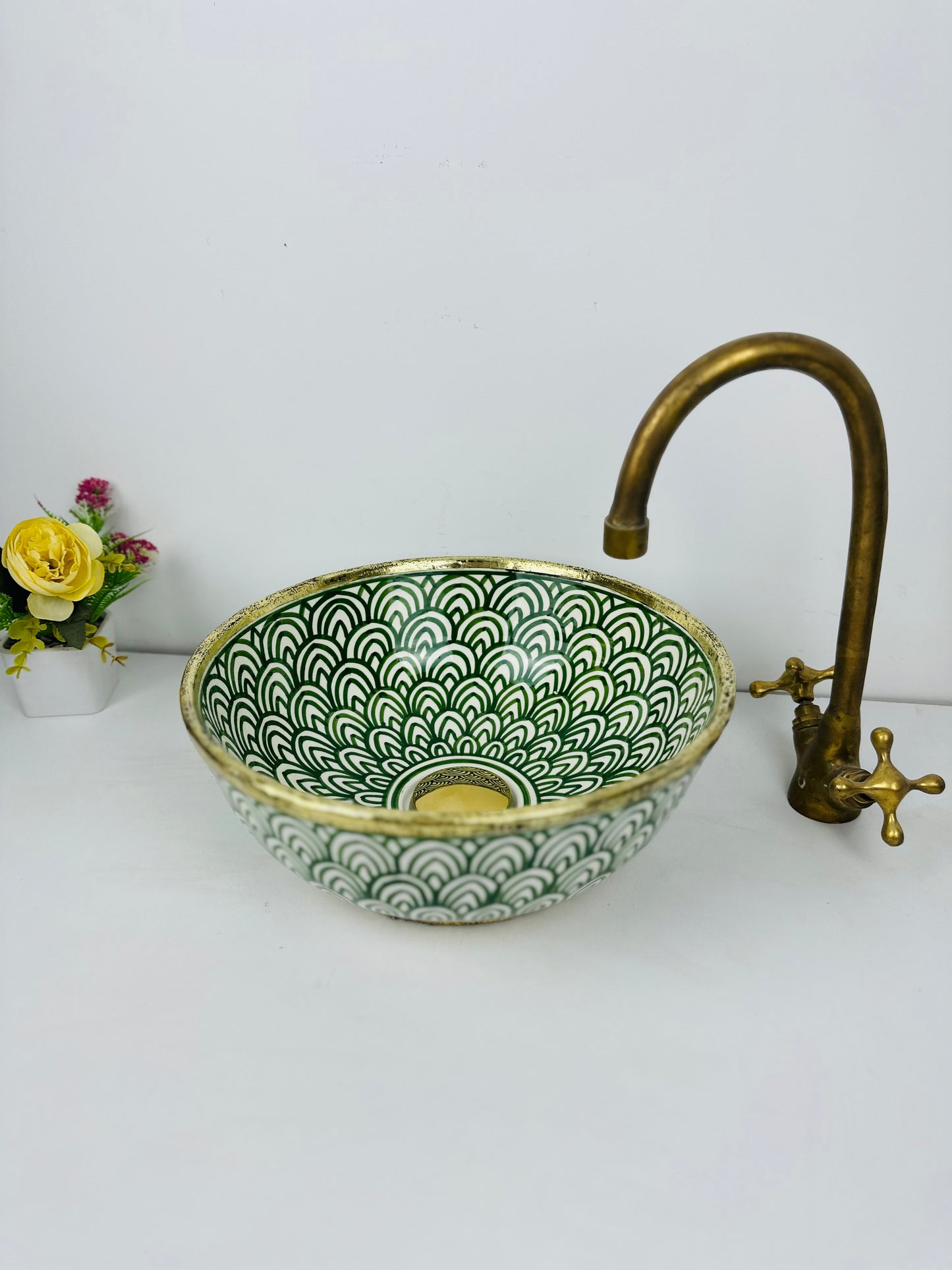 Green heritage Elegance: Handcrafted Traditional Ceramic Sink with brass