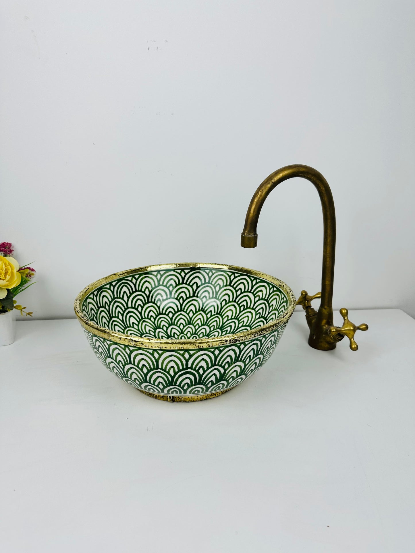 Green heritage Elegance: Handcrafted Traditional Ceramic Sink with brass