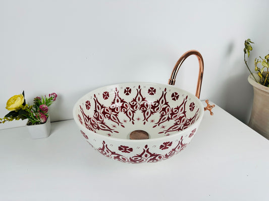 Ruby Blossoms: Handcrafted Ceramic Sink with White Base and Red paintings