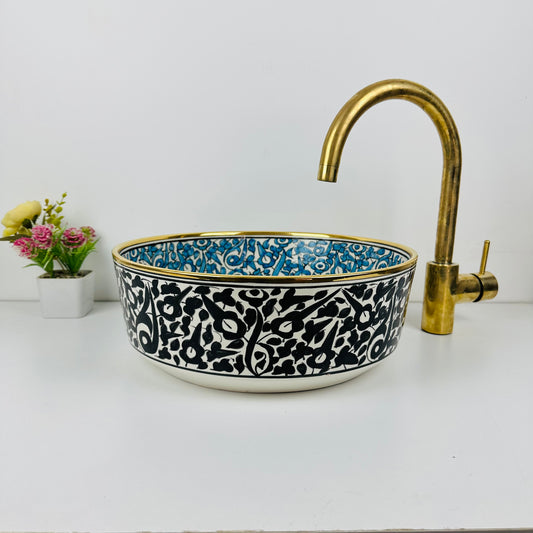 Sapphire Sanctuary: Handcrafted Ceramic Sink with Blue Garden Inside, Black Garden Outside, and Gold 14k on Top