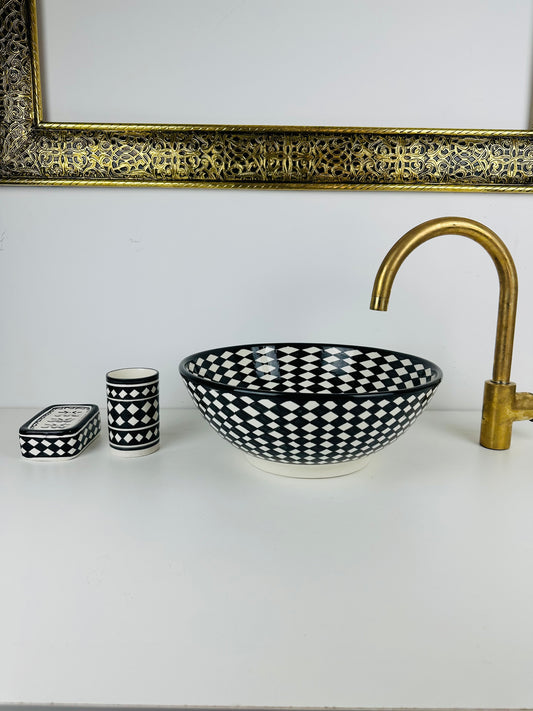 Monochromatic Round checkerboard sink 100% handmade and hand painted