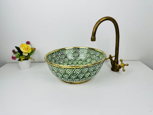 Green heritage Elegance: Handcrafted Traditional Ceramic Sink with brass