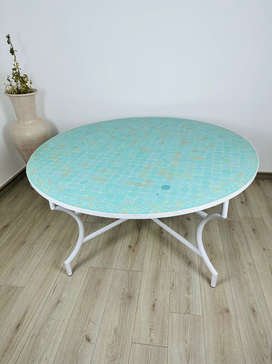 Serene Aqua Mosaic Table with White Iron Base