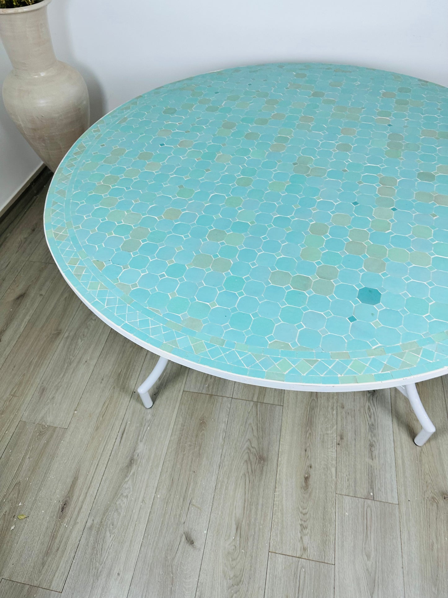 Serene Aqua Mosaic Table with White Iron Base