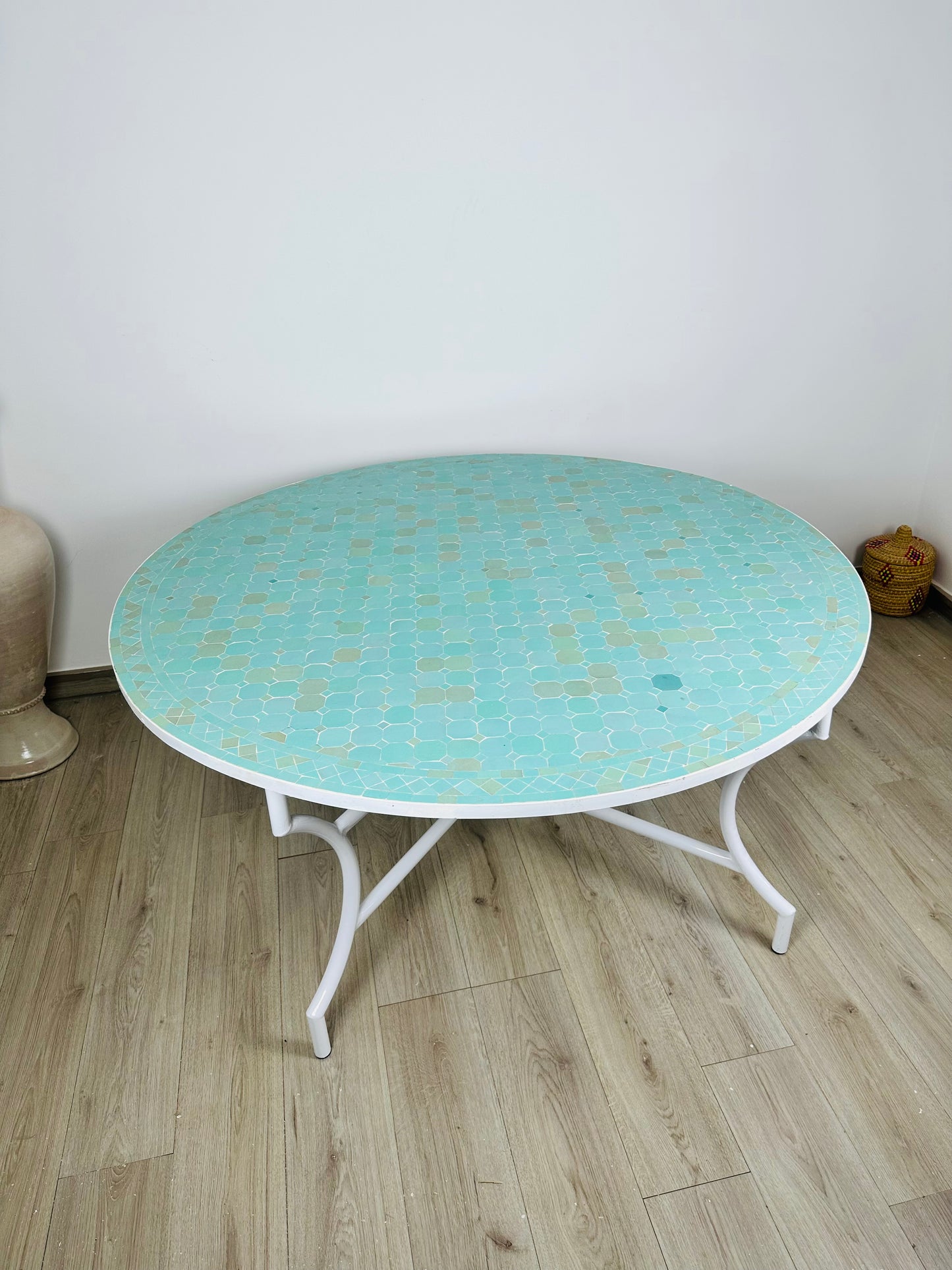 Serene Aqua Mosaic Table with White Iron Base